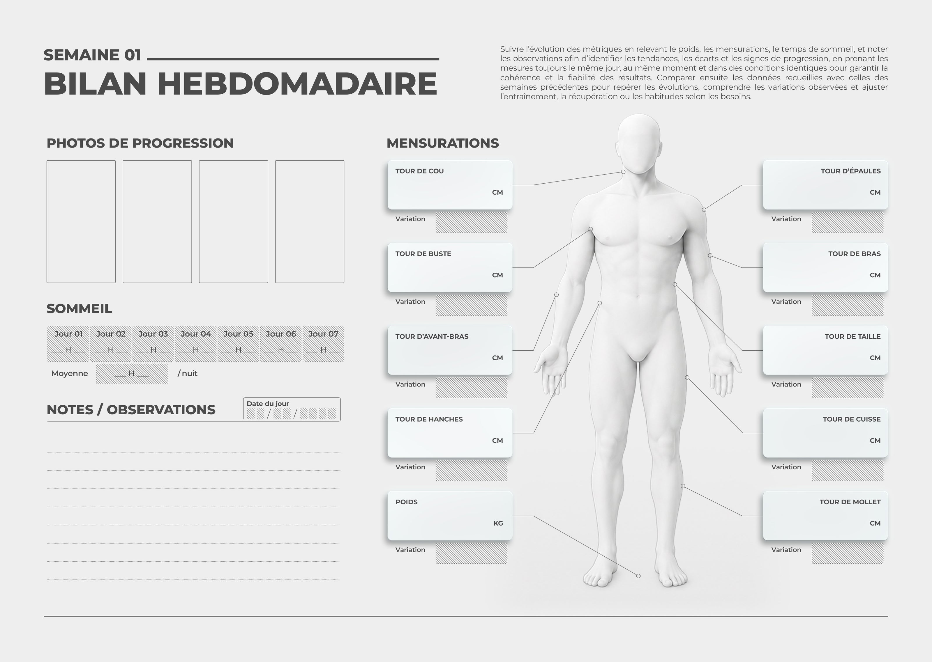Page de bilan hebdomadaire : photos, mensurations, sommeil et observations