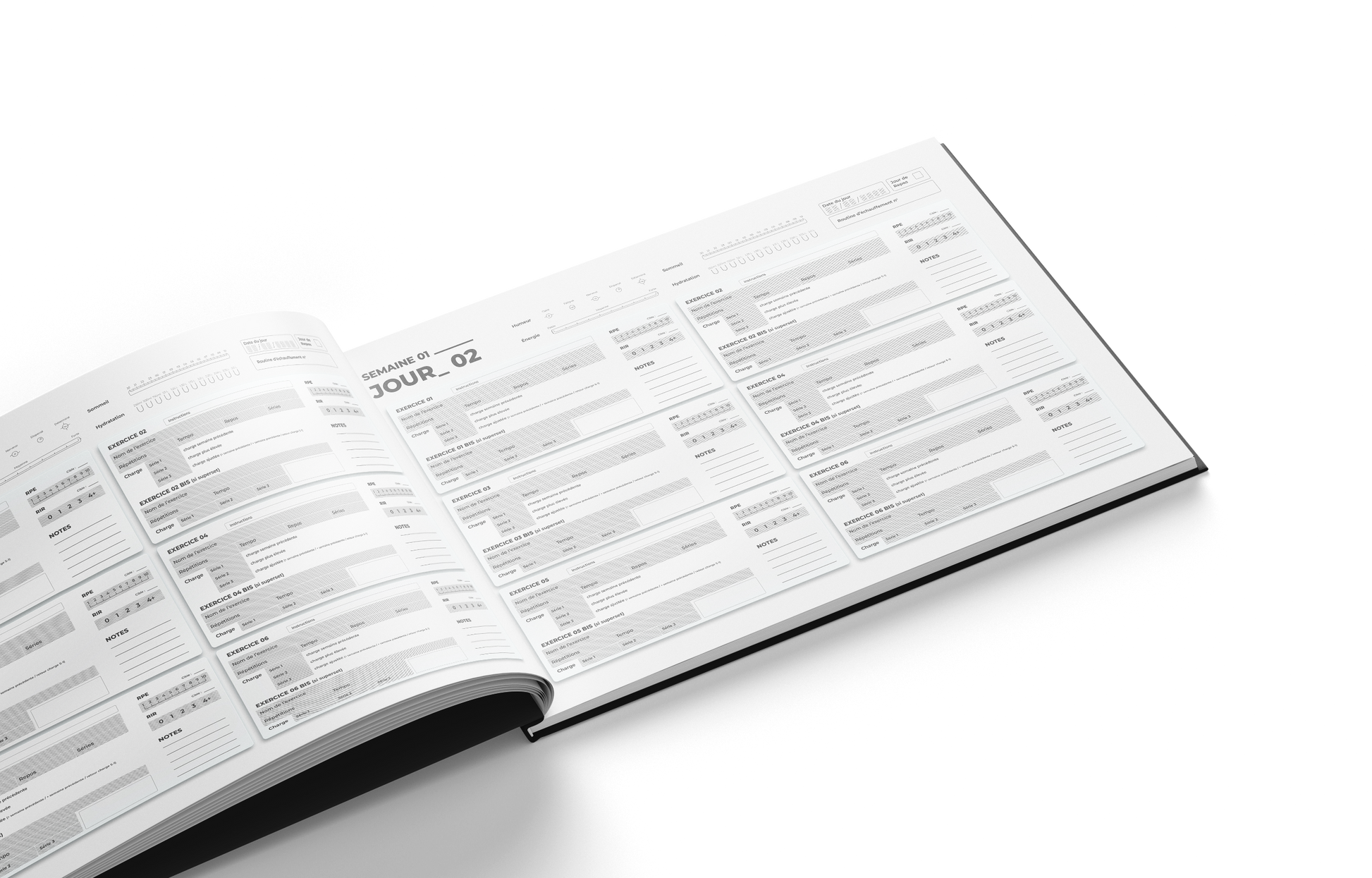 Double page de suivi quotidien du carnet de musculation PROTOCOLE 42